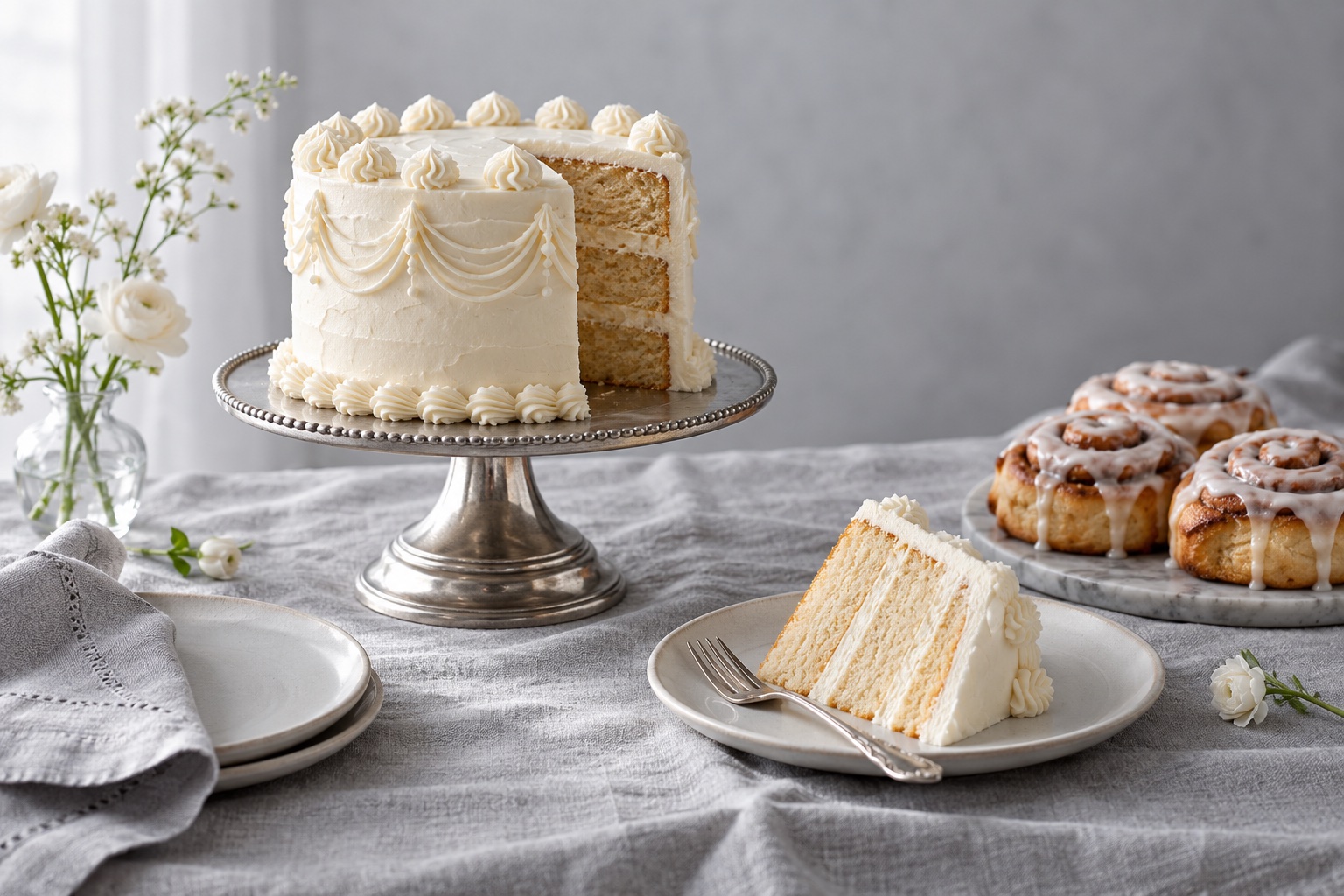 Illustrative white celebration cake, a slice and cinnamon rolls on a silver-gray table